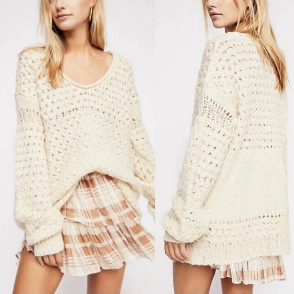 Free People Crashing Waves Cream Crochet Knit Wool Blend Sweater fit L Nordstrom